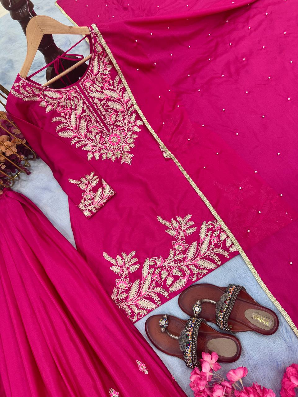 Pink Premium Designer Chinon Silk Party Wear Top, Plazzo & Dupatta Set