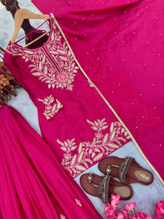 Pink Premium Designer Chinon Silk Party Wear Top, Plazzo & Dupatta Set