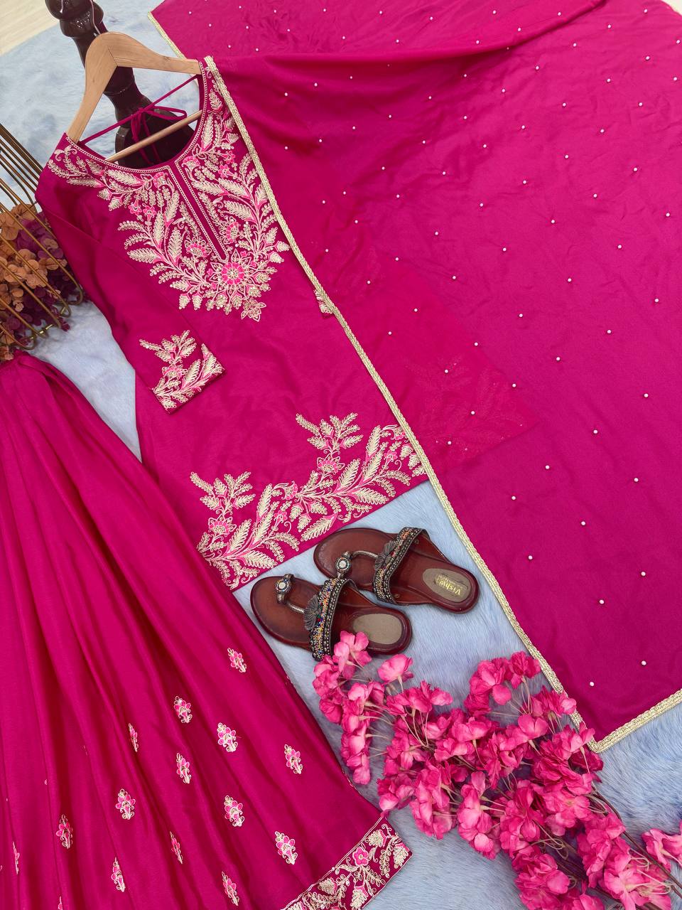 Pink Premium Designer Chinon Silk Party Wear Top, Plazzo & Dupatta Set