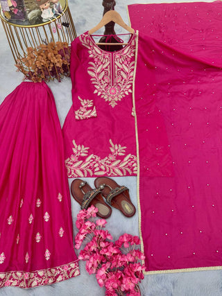 Pink Premium Designer Chinon Silk Party Wear Top, Plazzo & Dupatta Set
