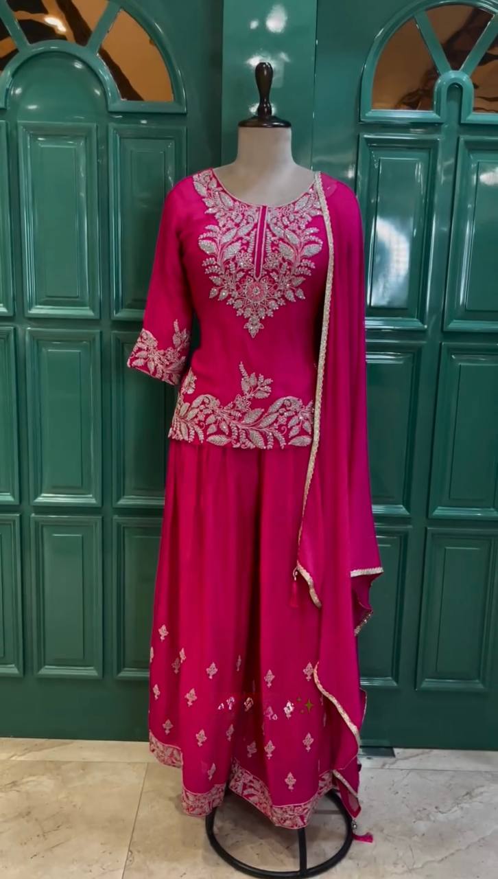 Pink Premium Designer Chinon Silk Party Wear Top, Plazzo & Dupatta Set