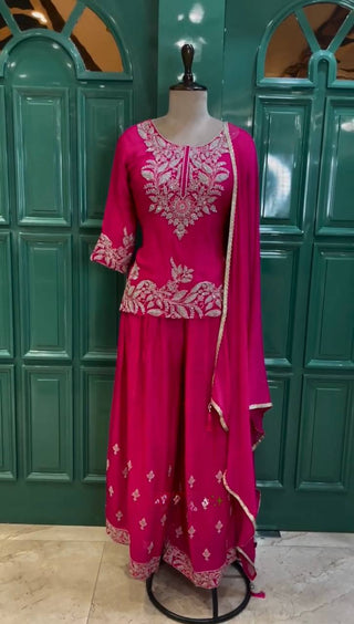 Pink Premium Designer Chinon Silk Party Wear Top, Plazzo & Dupatta Set