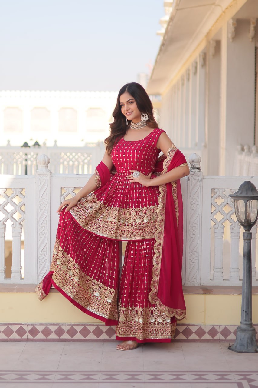 Pink Premium Designer Kurti-Gharara-Dupatta Set for Dazzling Occasions ClothsVilla
