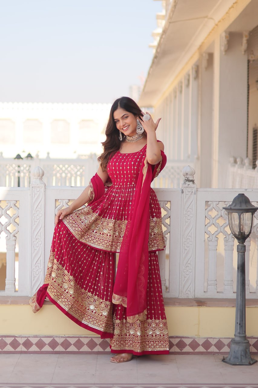 Pink Premium Designer Kurti-Gharara-Dupatta Set for Dazzling Occasions ClothsVilla