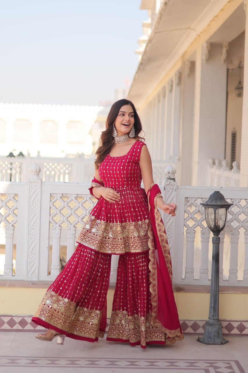 Pink Premium Designer Kurti-Gharara-Dupatta Set for Dazzling Occasions ClothsVilla