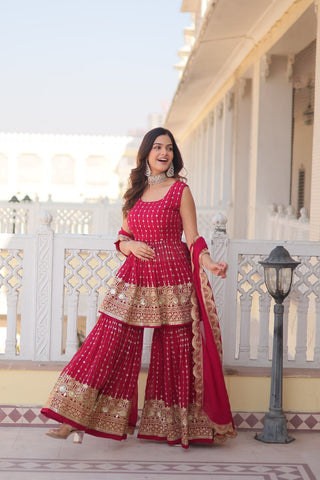 Pink Premium Designer Kurti-Gharara-Dupatta Set for Dazzling Occasions ClothsVilla