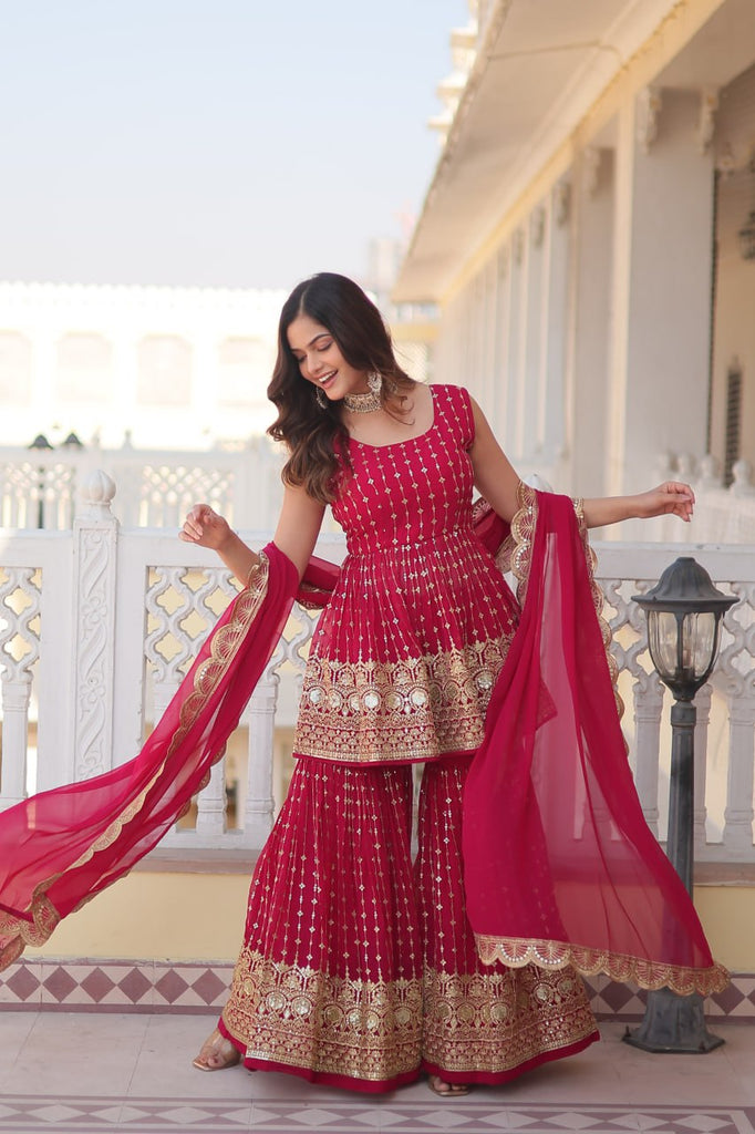 Pink Premium Designer Kurti-Gharara-Dupatta Set for Dazzling Occasions ClothsVilla