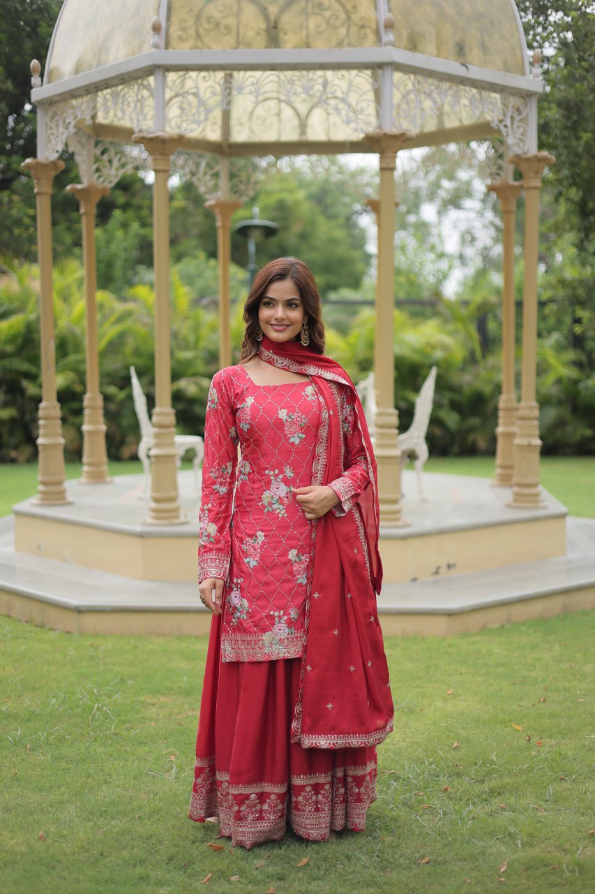 Pink Premium Designer Kurti-Plazzo-Dupatta Set ClothsVilla