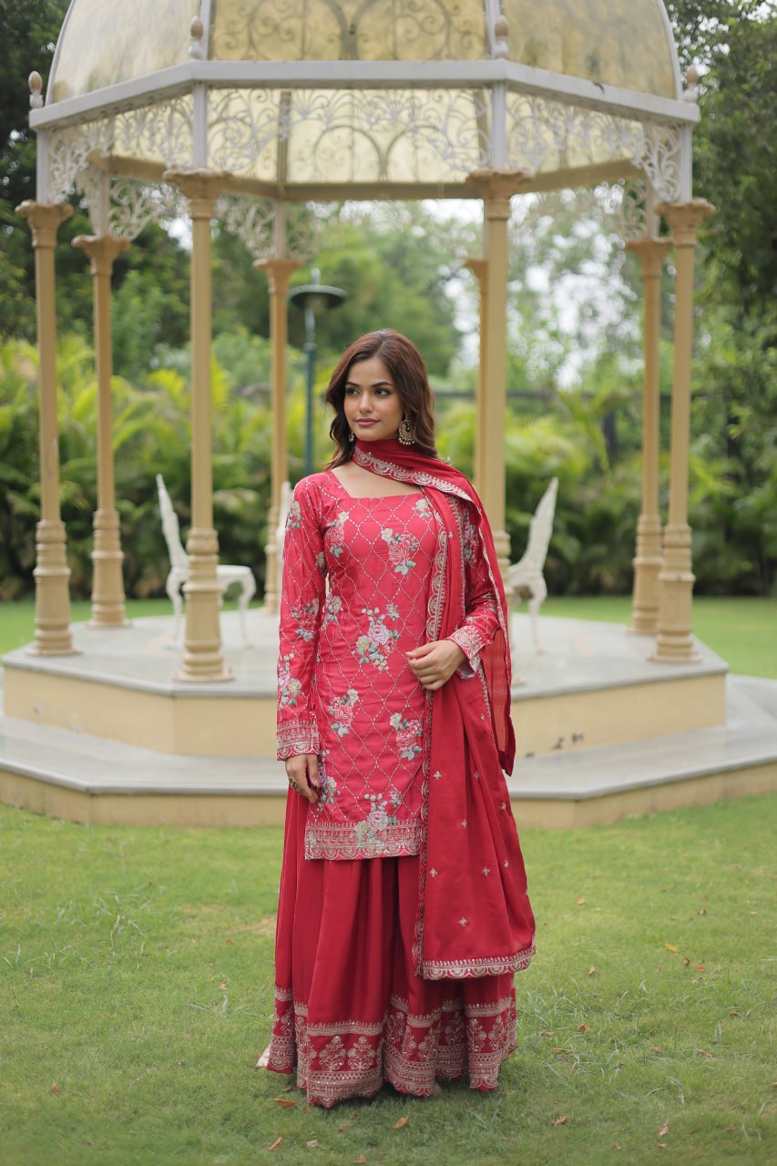 Pink Premium Designer Kurti-Plazzo-Dupatta Set ClothsVilla