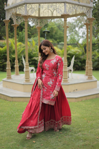Pink Premium Designer Kurti-Plazzo-Dupatta Set ClothsVilla
