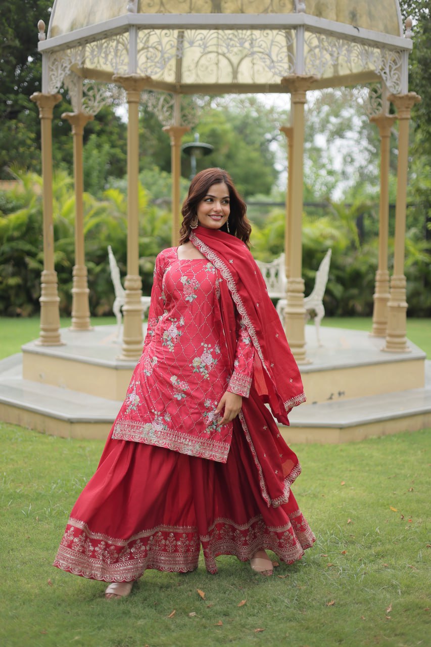 Pink Premium Designer Kurti-Plazzo-Dupatta Set ClothsVilla