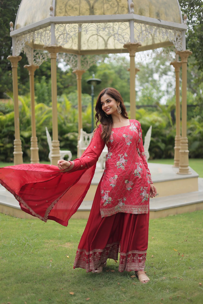 Pink Premium Designer Kurti-Plazzo-Dupatta Set ClothsVilla