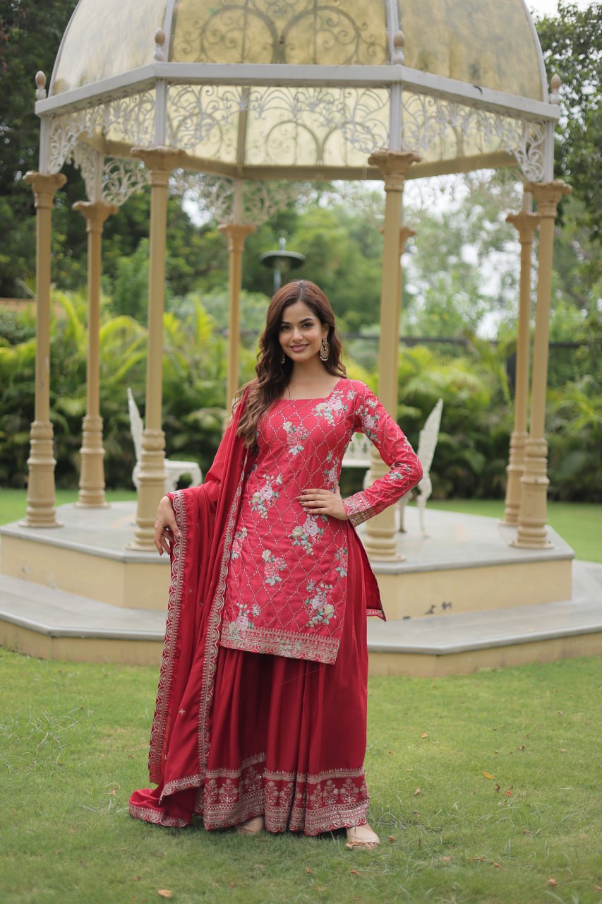 Pink Premium Designer Kurti-Plazzo-Dupatta Set ClothsVilla