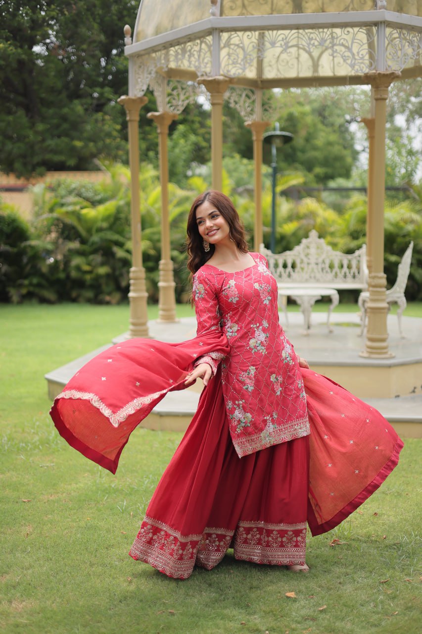 Pink Premium Designer Kurti-Plazzo-Dupatta Set ClothsVilla