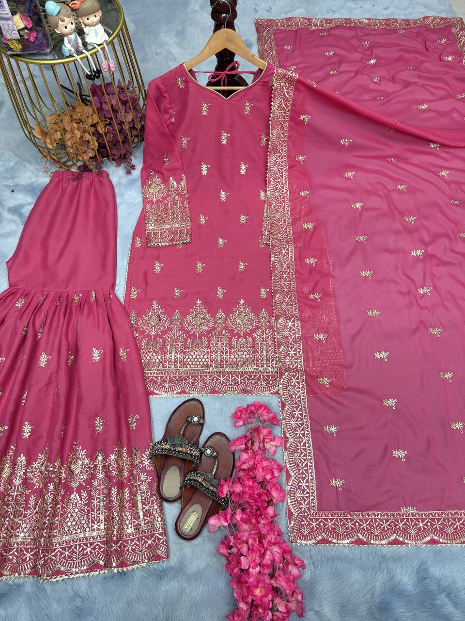 Pink Premium Designer Party Wear Top Sarara & Dupatta Set ClothsVilla.com