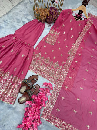 Pink Premium Designer Party Wear Top Sarara & Dupatta Set ClothsVilla.com