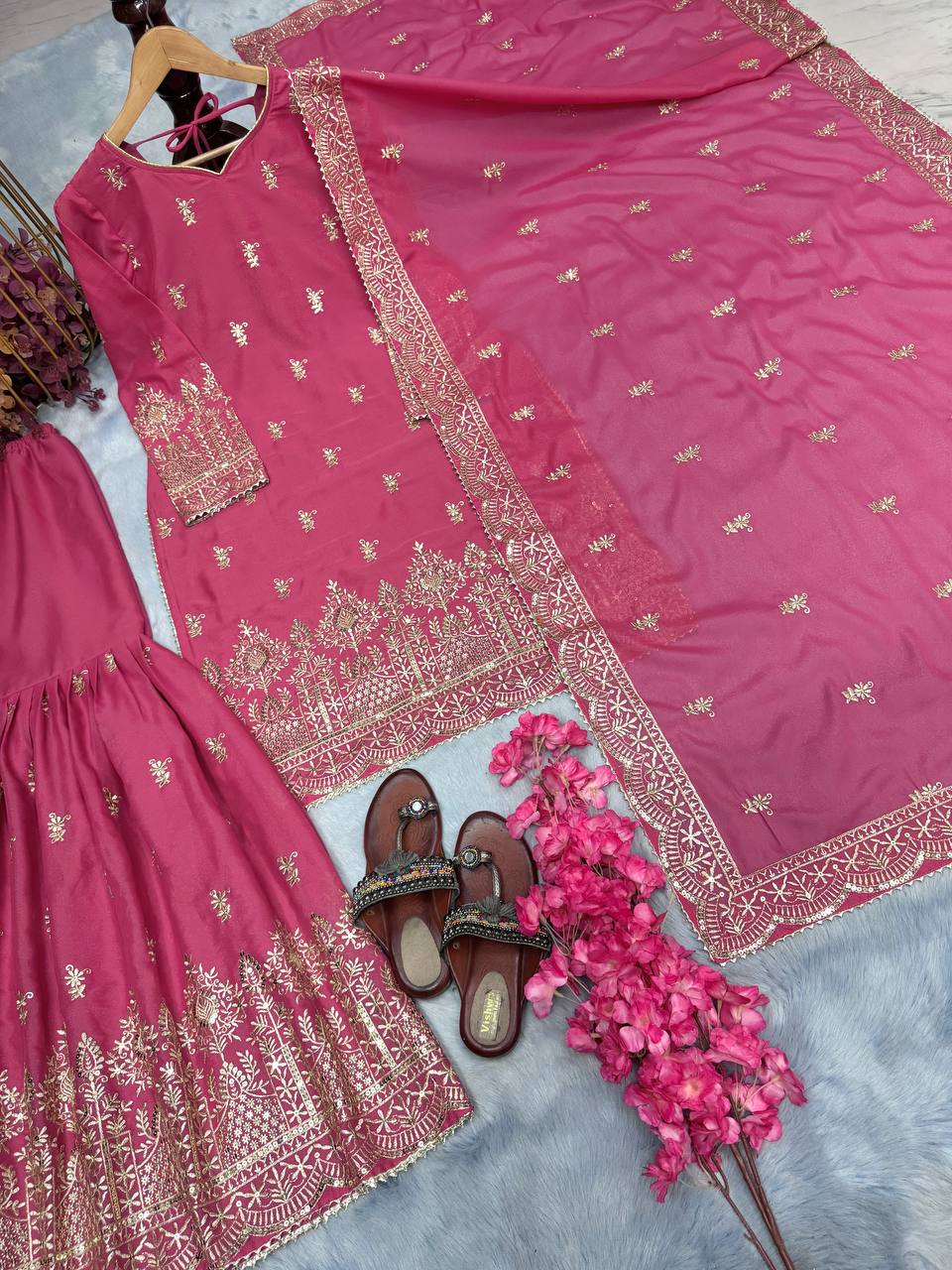 Pink Premium Designer Party Wear Top Sarara & Dupatta Set ClothsVilla.com