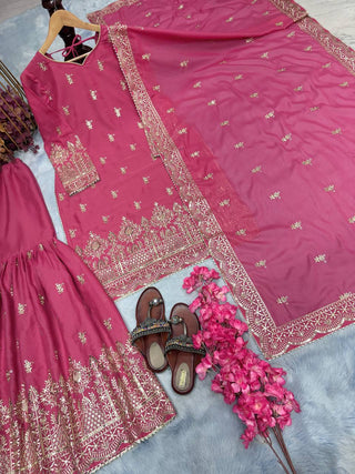 Pink Premium Designer Party Wear Top Sarara & Dupatta Set ClothsVilla.com