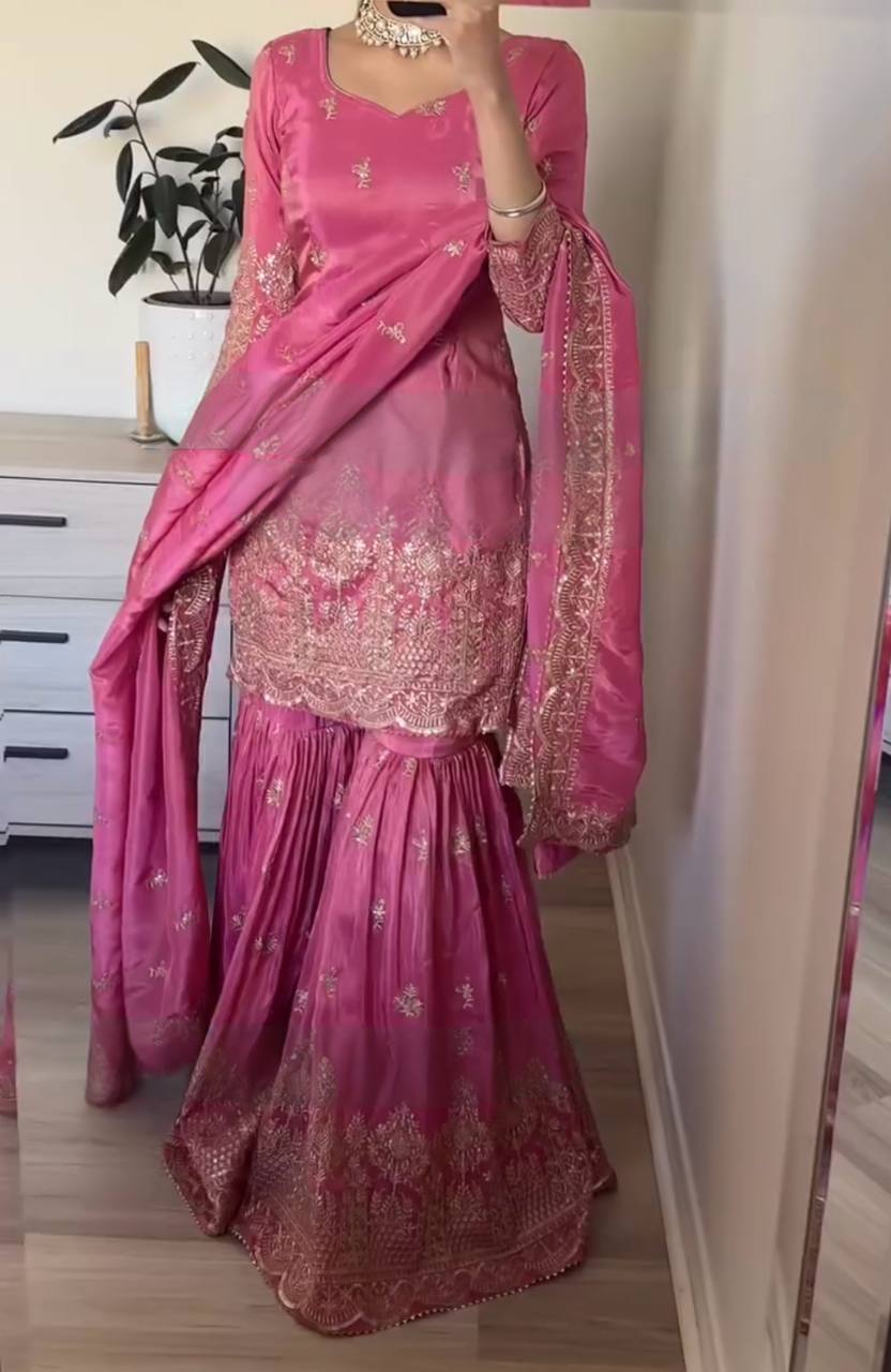 Pink Premium Designer Party Wear Top Sarara & Dupatta Set ClothsVilla.com