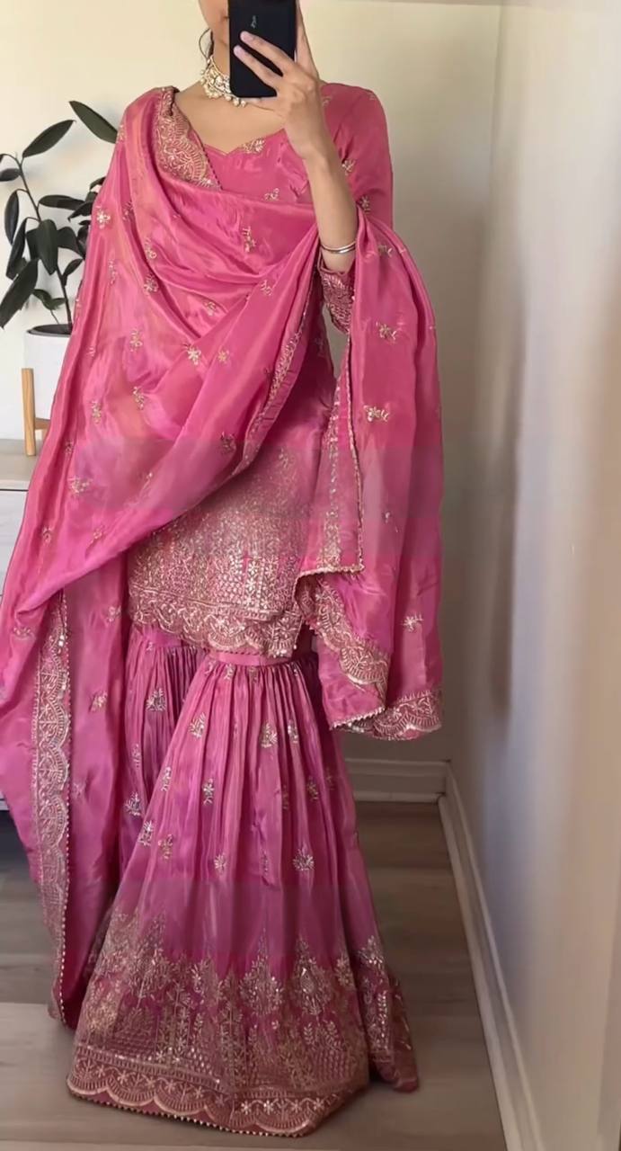 Pink Premium Designer Party Wear Top Sarara & Dupatta Set ClothsVilla.com
