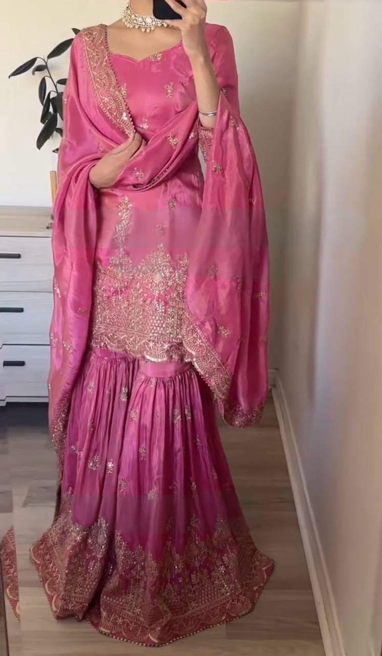 Pink Premium Designer Party Wear Top Sarara & Dupatta Set ClothsVilla.com
