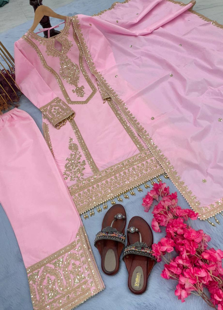 Pink Premium Designer Ready-to-Wear Top, Plazzo & Dupatta Set Clothsvilla