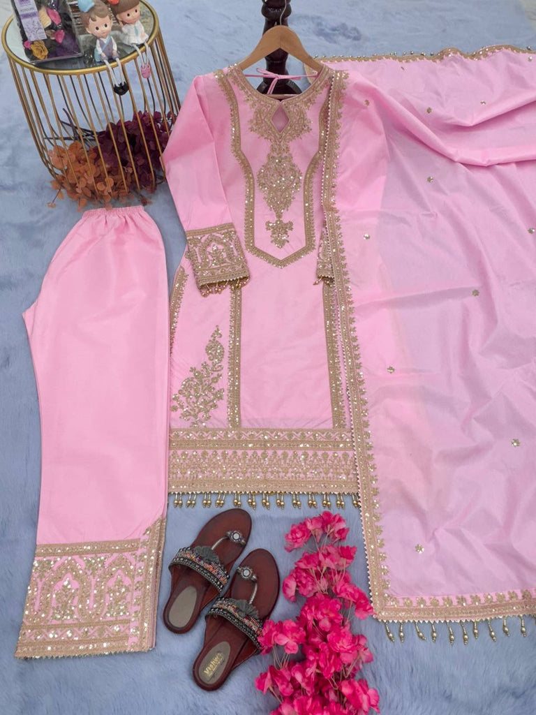 Pink Premium Designer Ready-to-Wear Top, Plazzo & Dupatta Set Clothsvilla