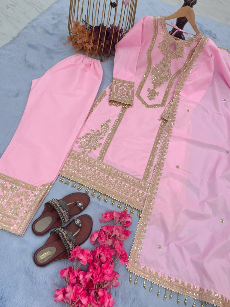 Pink Premium Designer Ready-to-Wear Top, Plazzo & Dupatta Set Clothsvilla