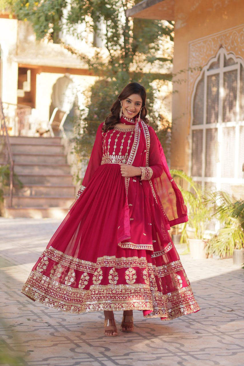 Pink Premium Designer Readymade Gown-Dupatta Collection ClothsVilla