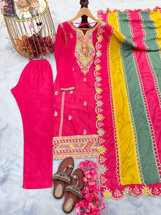 Pink Premium Designer Readymade Top, Plazzo & multi color Dupatta Set - Heavy Party Wear Collection ClothsVilla