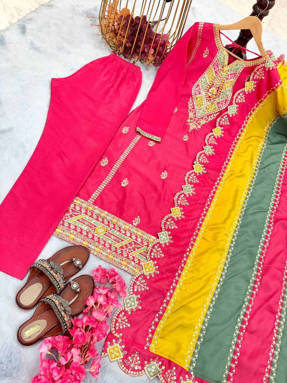 Pink Premium Designer Readymade Top, Plazzo & multi color Dupatta Set - Heavy Party Wear Collection ClothsVilla