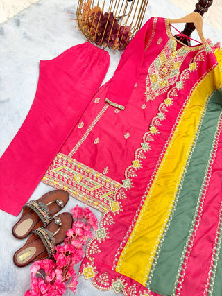 Pink Premium Designer Readymade Top, Plazzo & multi color Dupatta Set - Heavy Party Wear Collection ClothsVilla