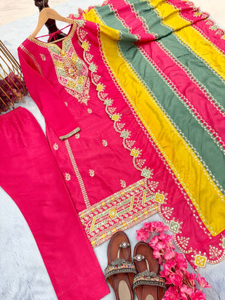Pink Premium Designer Readymade Top, Plazzo & multi color Dupatta Set - Heavy Party Wear Collection ClothsVilla