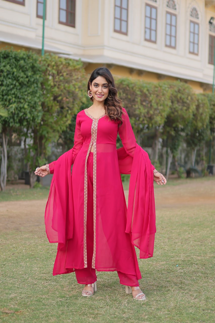 Pink Premium Readymade Kurti Pant Dupatta Set in Faux Blooming & Embroidery ClothsVilla
