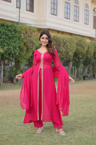 Pink Premium Readymade Kurti Pant Dupatta Set in Faux Blooming & Embroidery ClothsVilla