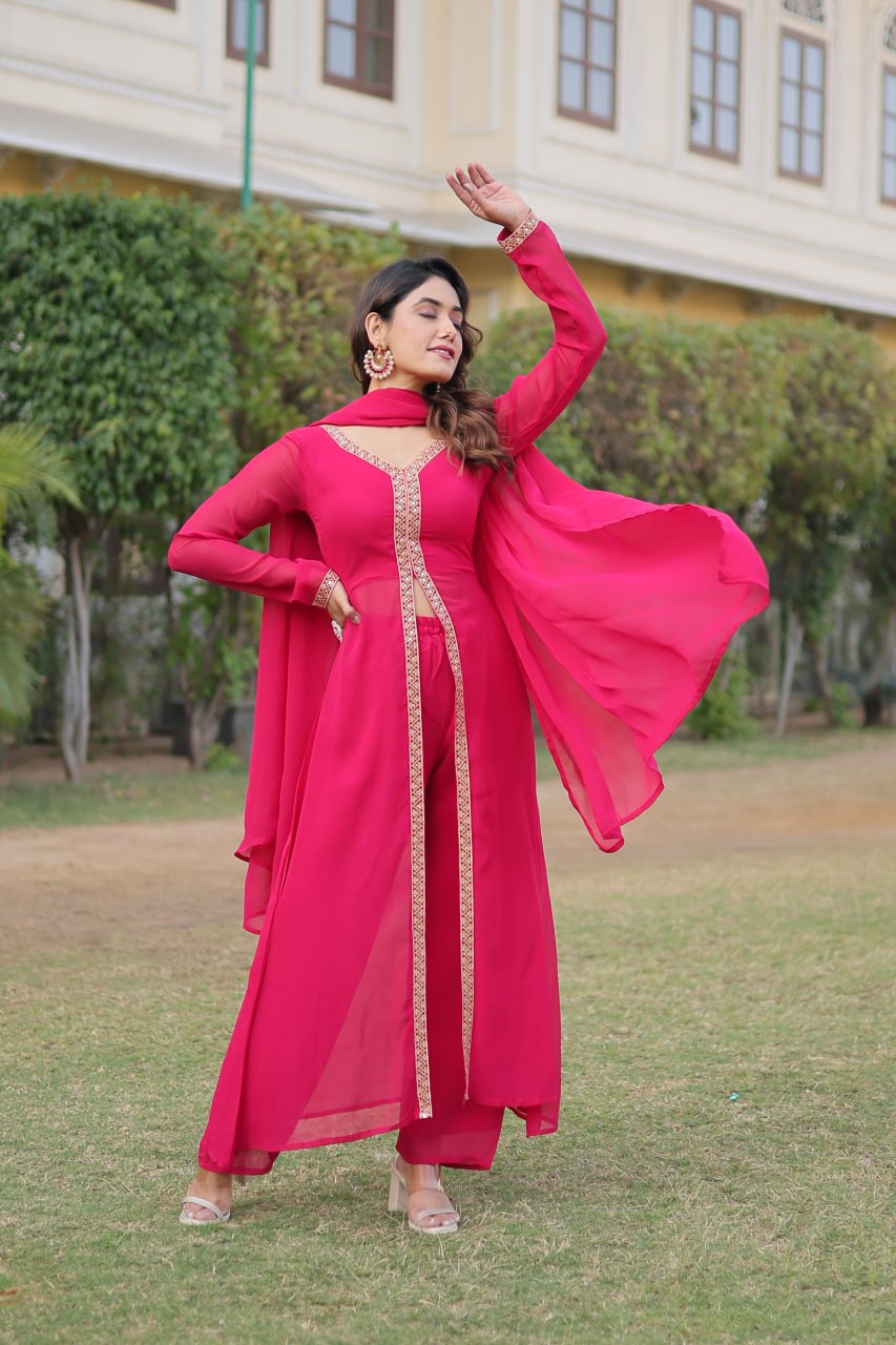 Pink Premium Readymade Kurti Pant Dupatta Set in Faux Blooming & Embroidery ClothsVilla