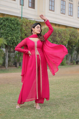 Pink Premium Readymade Kurti Pant Dupatta Set in Faux Blooming & Embroidery ClothsVilla