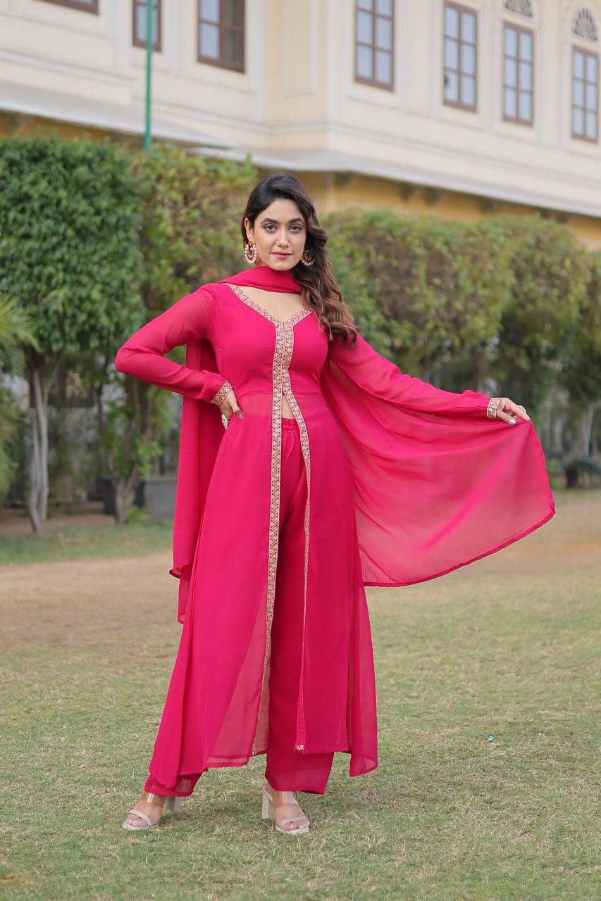 Pink Premium Readymade Kurti Pant Dupatta Set in Faux Blooming & Embroidery ClothsVilla