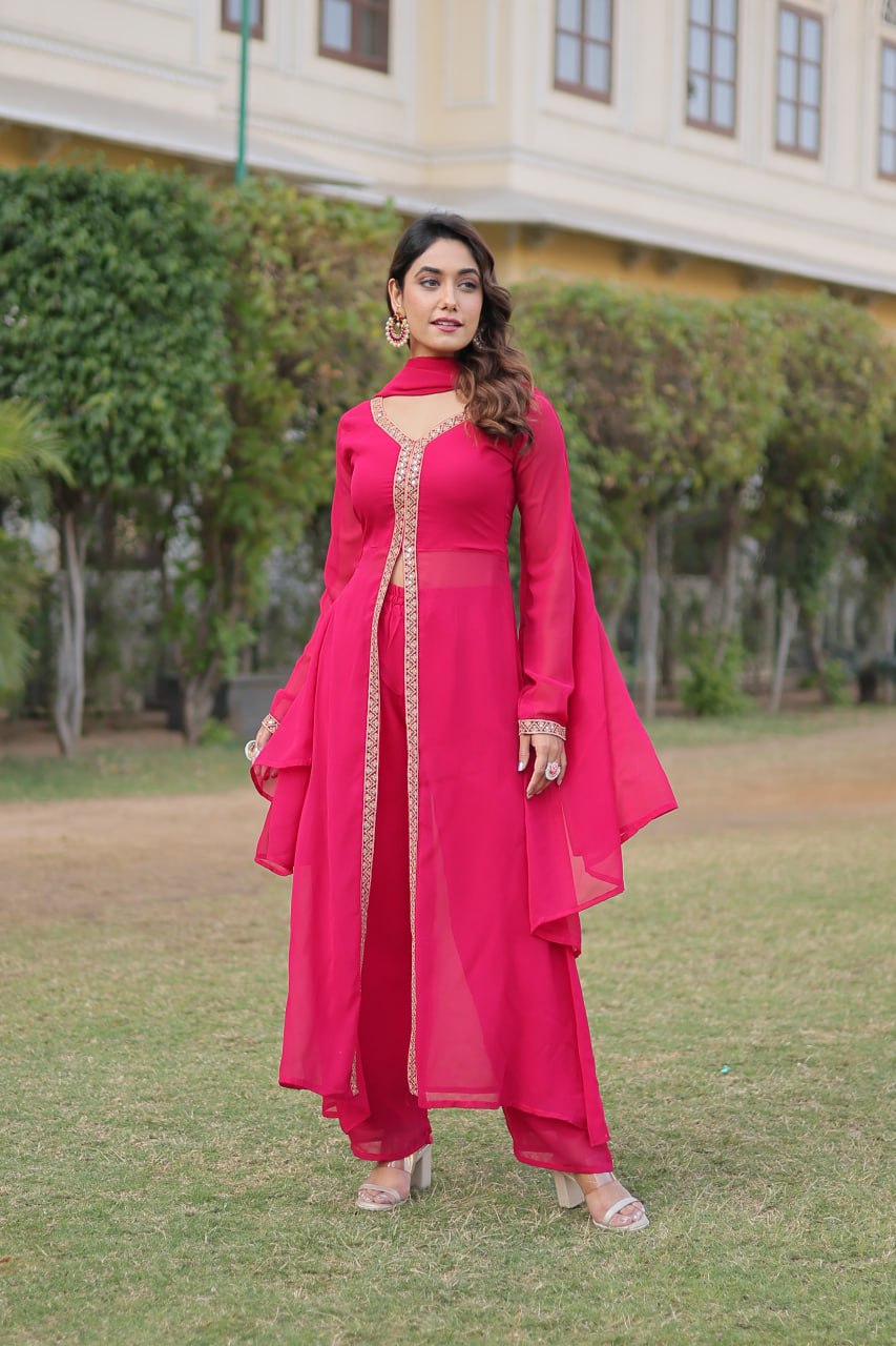 Pink Premium Readymade Kurti Pant Dupatta Set in Faux Blooming & Embroidery ClothsVilla
