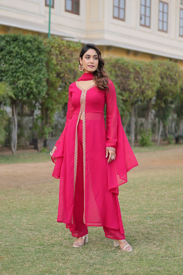 Pink Premium Readymade Kurti Pant Dupatta Set in Faux Blooming & Embroidery ClothsVilla
