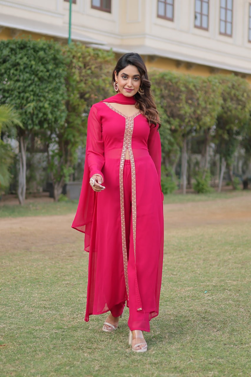 Pink Premium Readymade Kurti Pant Dupatta Set in Faux Blooming & Embroidery ClothsVilla