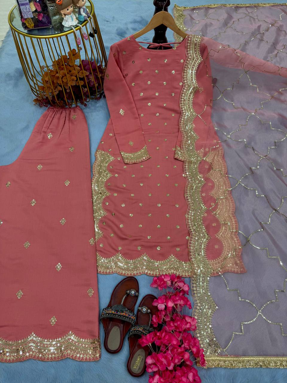 Pink Premium Roman Silk Embroidered Top, Plazzo & Organza Dupatta Set ClothsVilla