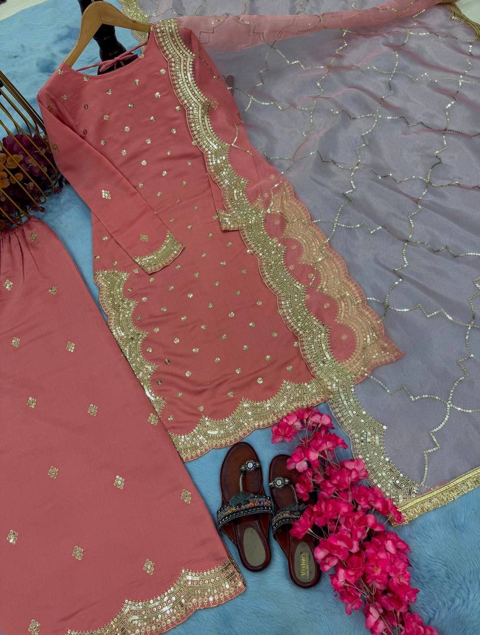 Pink Premium Roman Silk Embroidered Top, Plazzo & Organza Dupatta Set ClothsVilla