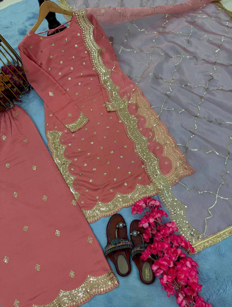 Pink Premium Roman Silk Embroidered Top, Plazzo & Organza Dupatta Set ClothsVilla