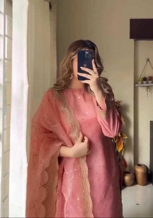 Pink Premium Roman Silk Embroidered Top, Plazzo & Organza Dupatta Set ClothsVilla