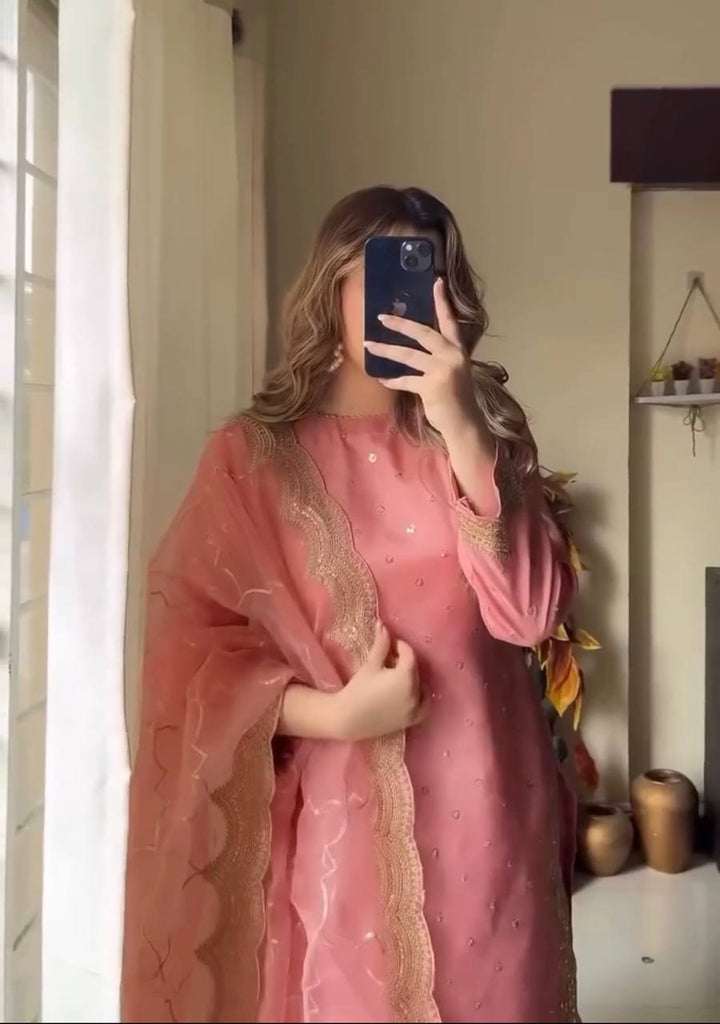Pink Premium Roman Silk Embroidered Top, Plazzo & Organza Dupatta Set ClothsVilla