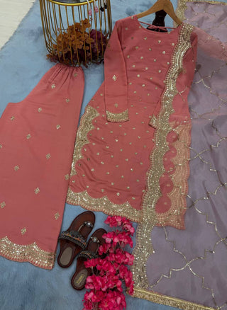 Pink Premium Roman Silk Embroidered Top, Plazzo & Organza Dupatta Set ClothsVilla