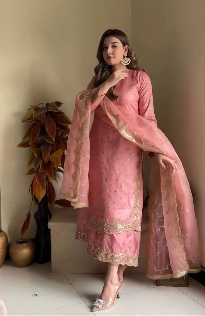 Pink Premium Roman Silk Embroidered Top, Plazzo & Organza Dupatta Set ClothsVilla