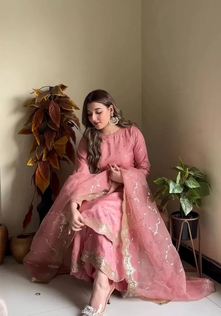 Pink Premium Roman Silk Embroidered Top, Plazzo & Organza Dupatta Set ClothsVilla