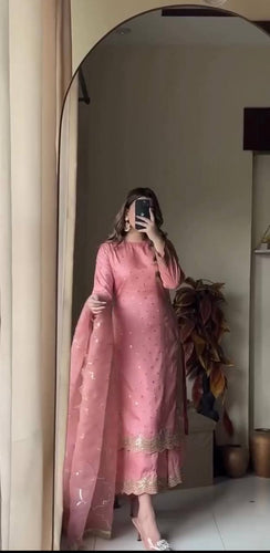Pink Premium Roman Silk Embroidered Top, Plazzo & Organza Dupatta Set ClothsVilla
